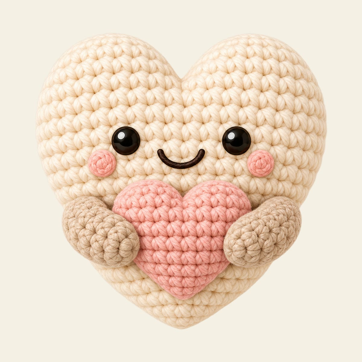 A cream crochet heart character holding a smaller dusty-pink heart