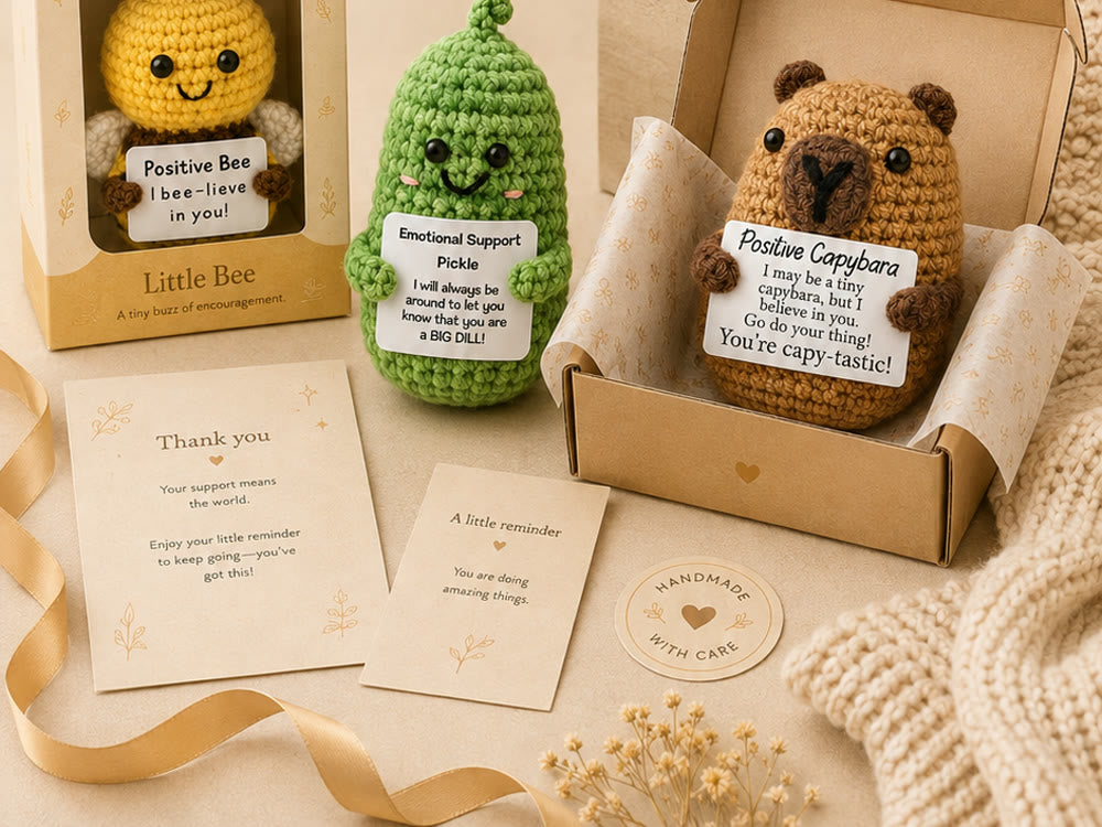 An open kraft gift box holding a crochet Little Bee and Little Pickle, beside a boxed Little Capybara, a potted crochet plant, thank-you cards and a ribbon